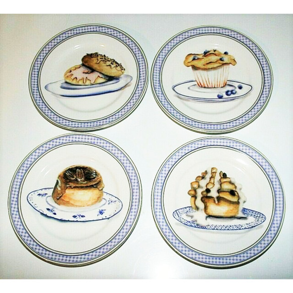 American Atelier Dessert Plates Set 4 Muffin Pie Pecan Roll 8.25" Blue White Box - Picture 3 of 4